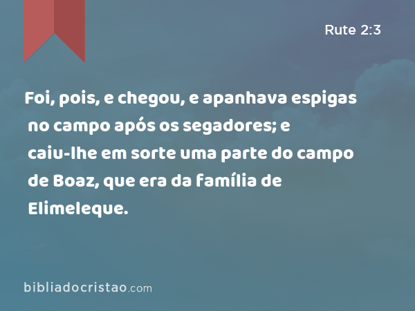 Foi, pois, e chegou, e apanhava espigas no campo após os segadores; e caiu-lhe em sorte uma parte do campo de Boaz, que era da família de Elimeleque. - Rute 2:3