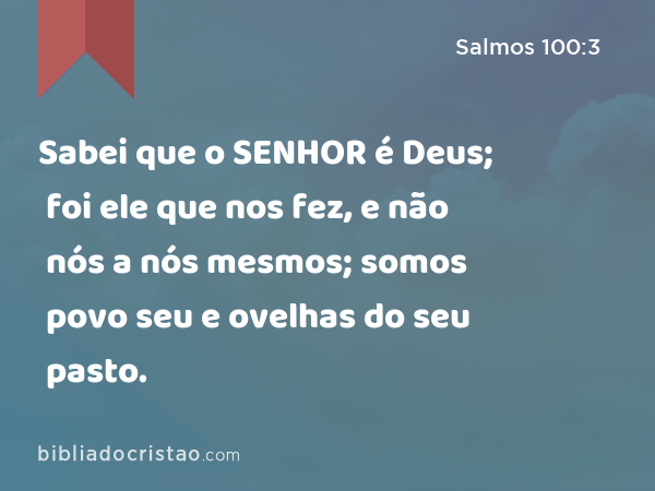 Sabei que o SENHOR é Deus; foi ele que nos fez, e não nós a nós mesmos; somos povo seu e ovelhas do seu pasto. - Salmos 100:3