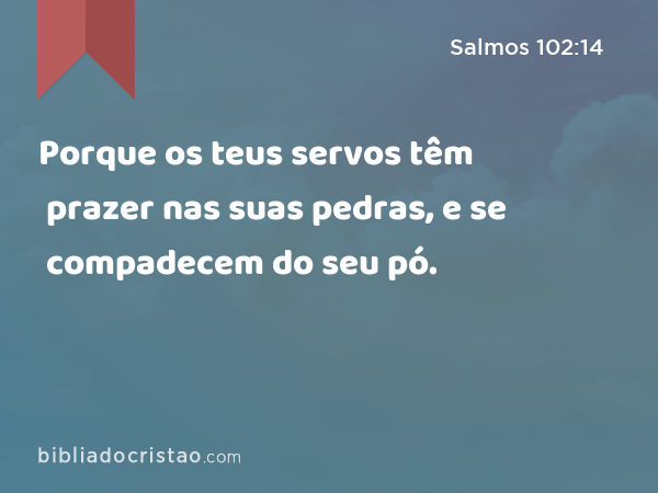 Porque os teus servos têm prazer nas suas pedras, e se compadecem do seu pó. - Salmos 102:14