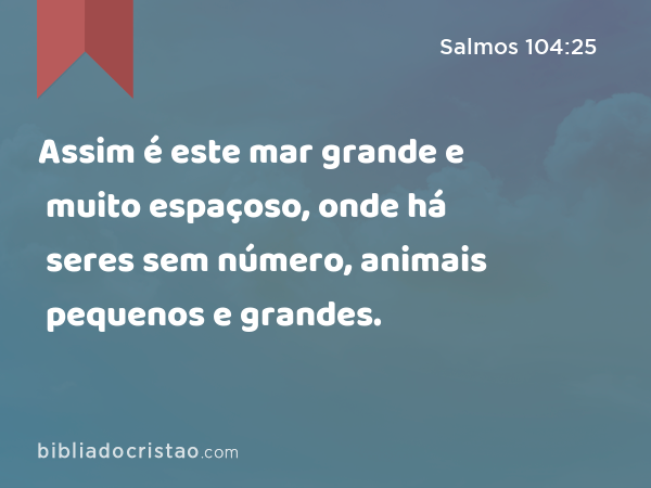 Assim é este mar grande e muito espaçoso, onde há seres sem número, animais pequenos e grandes. - Salmos 104:25