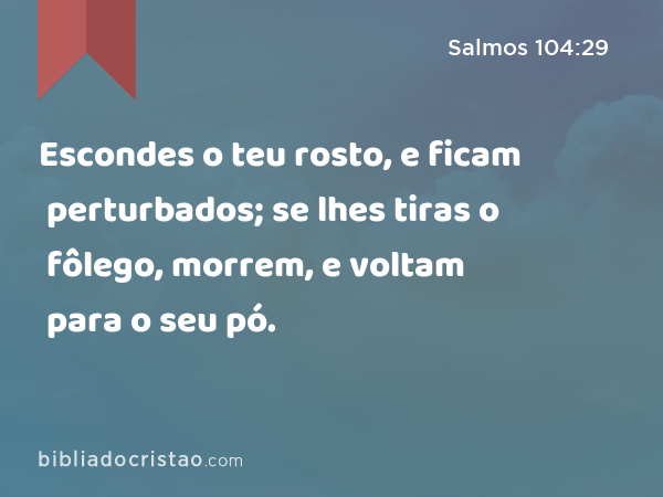 Escondes o teu rosto, e ficam perturbados; se lhes tiras o fôlego, morrem, e voltam para o seu pó. - Salmos 104:29