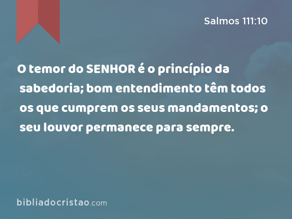 O temor do SENHOR é o princípio da sabedoria; bom entendimento têm todos os que cumprem os seus mandamentos; o seu louvor permanece para sempre. - Salmos 111:10