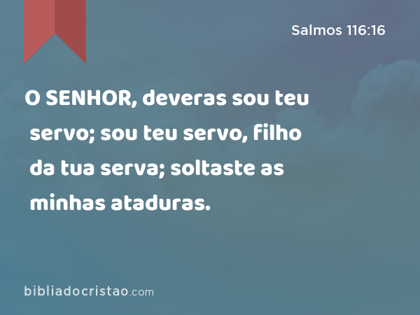 O SENHOR, deveras sou teu servo; sou teu servo, filho da tua serva; soltaste as minhas ataduras. - Salmos 116:16