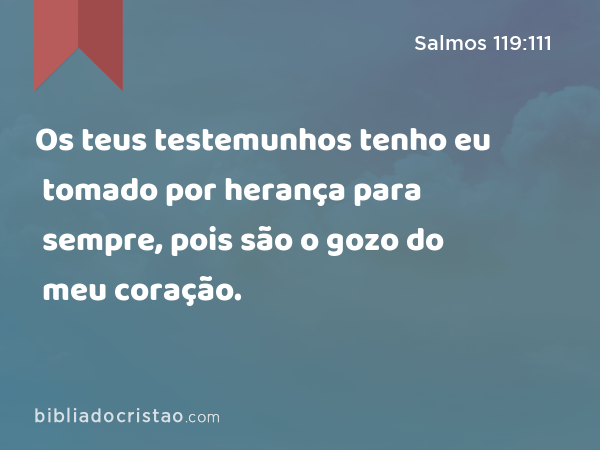 Os teus testemunhos tenho eu tomado por herança para sempre, pois são o gozo do meu coração. - Salmos 119:111