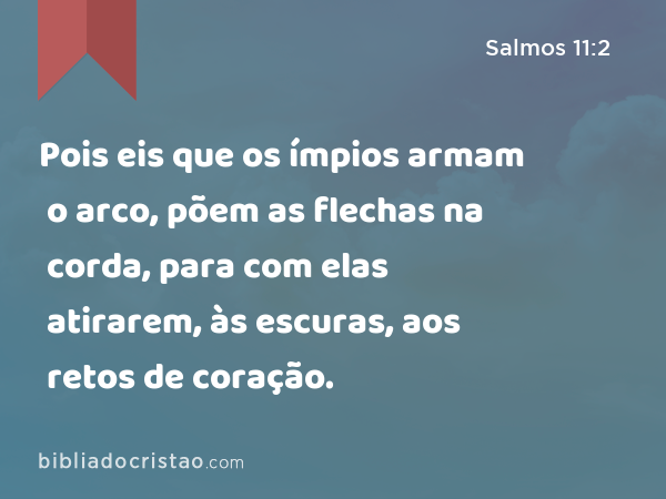 Pois eis que os ímpios armam o arco, põem as flechas na corda, para com elas atirarem, às escuras, aos retos de coração. - Salmos 11:2