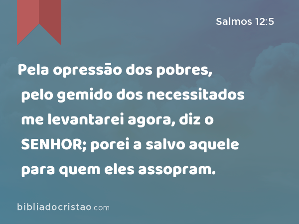 Pela opressão dos pobres, pelo gemido dos necessitados me levantarei agora, diz o SENHOR; porei a salvo aquele para quem eles assopram. - Salmos 12:5