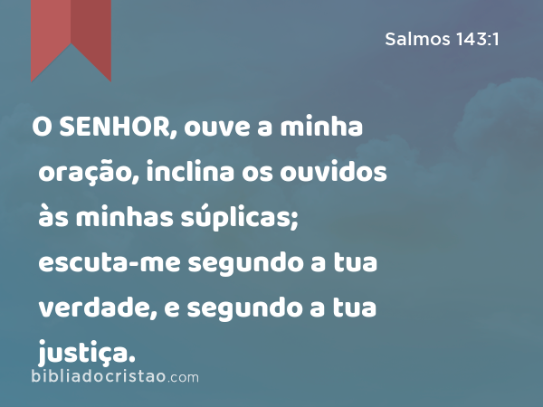 O SENHOR, ouve a minha oração, inclina os ouvidos às minhas súplicas; escuta-me segundo a tua verdade, e segundo a tua justiça. - Salmos 143:1