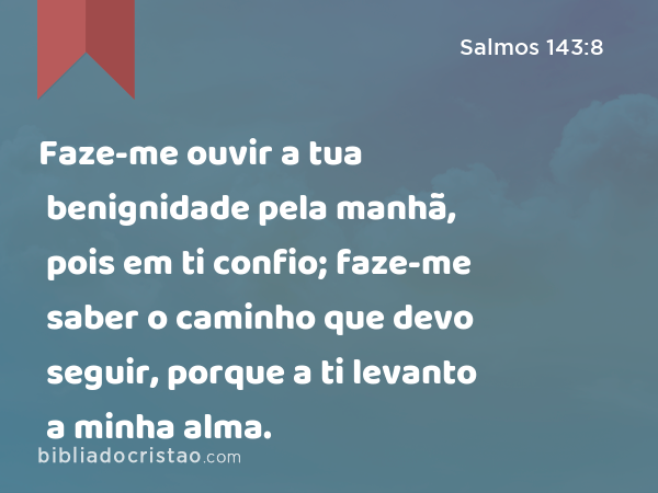 Faze-me ouvir a tua benignidade pela manhã, pois em ti confio; faze-me saber o caminho que devo seguir, porque a ti levanto a minha alma. - Salmos 143:8