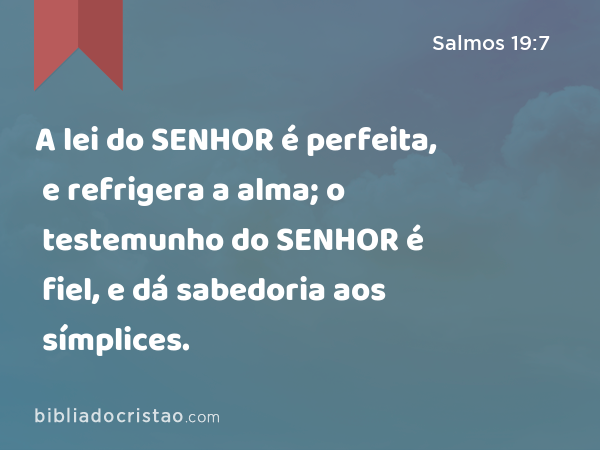 A lei do SENHOR é perfeita, e refrigera a alma; o testemunho do SENHOR é fiel, e dá sabedoria aos símplices. - Salmos 19:7