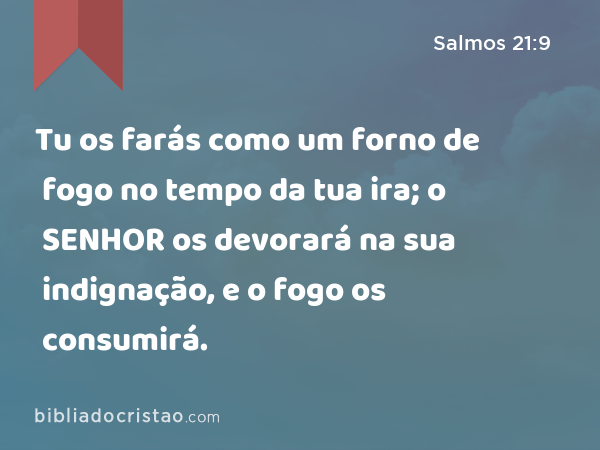 Tu os farás como um forno de fogo no tempo da tua ira; o SENHOR os devorará na sua indignação, e o fogo os consumirá. - Salmos 21:9