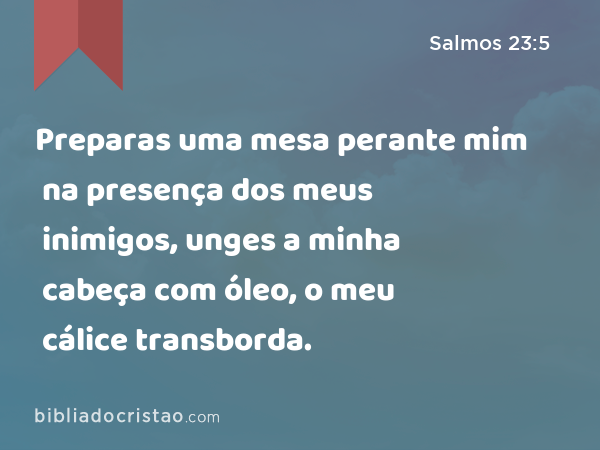 Preparas uma mesa perante mim na presença dos meus inimigos, unges a minha cabeça com óleo, o meu cálice transborda. - Salmos 23:5