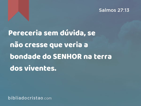 Pereceria sem dúvida, se não cresse que veria a bondade do SENHOR na terra dos viventes. - Salmos 27:13