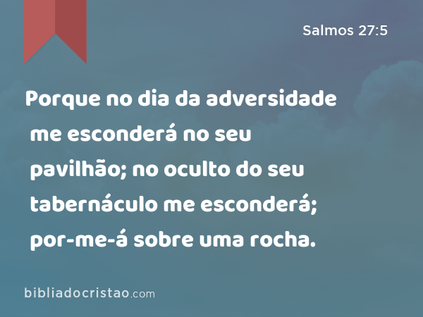 Porque no dia da adversidade me esconderá no seu pavilhão; no oculto do seu tabernáculo me esconderá; por-me-á sobre uma rocha. - Salmos 27:5