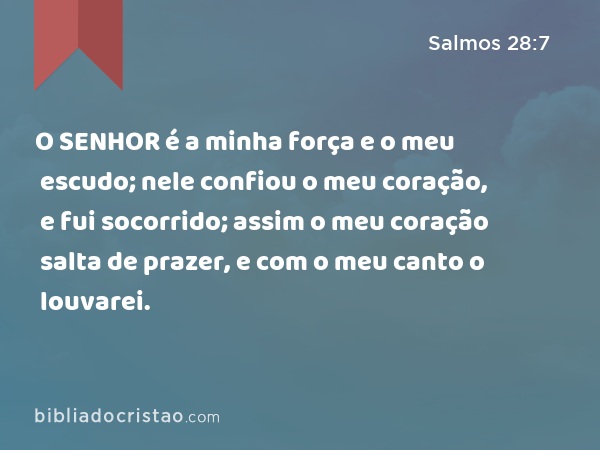 O SENHOR é a minha força e o meu escudo; nele confiou o meu coração, e fui socorrido; assim o meu coração salta de prazer, e com o meu canto o louvarei. - Salmos 28:7