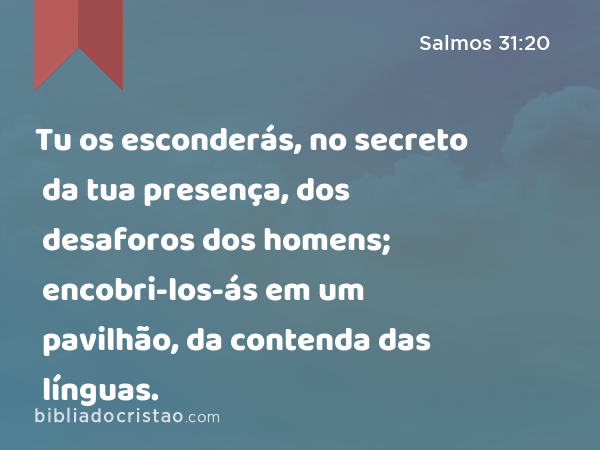 Tu os esconderás, no secreto da tua presença, dos desaforos dos homens; encobri-los-ás em um pavilhão, da contenda das línguas. - Salmos 31:20