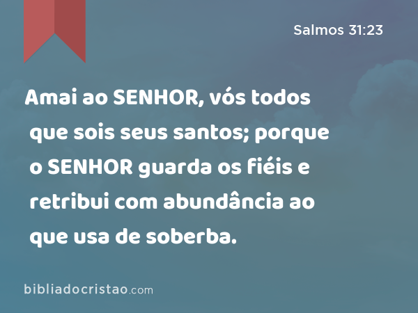 Amai ao SENHOR, vós todos que sois seus santos; porque o SENHOR guarda os fiéis e retribui com abundância ao que usa de soberba. - Salmos 31:23