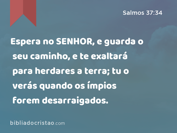 Espera no SENHOR, e guarda o seu caminho, e te exaltará para herdares a terra; tu o verás quando os ímpios forem desarraigados. - Salmos 37:34