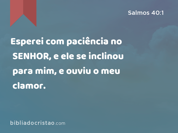 Esperei com paciência no SENHOR, e ele se inclinou para mim, e ouviu o meu clamor. - Salmos 40:1