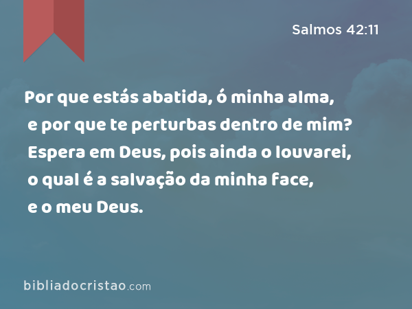 Por que estás abatida, ó minha alma, e por que te perturbas dentro de mim? Espera em Deus, pois ainda o louvarei, o qual é a salvação da minha face, e o meu Deus. - Salmos 42:11