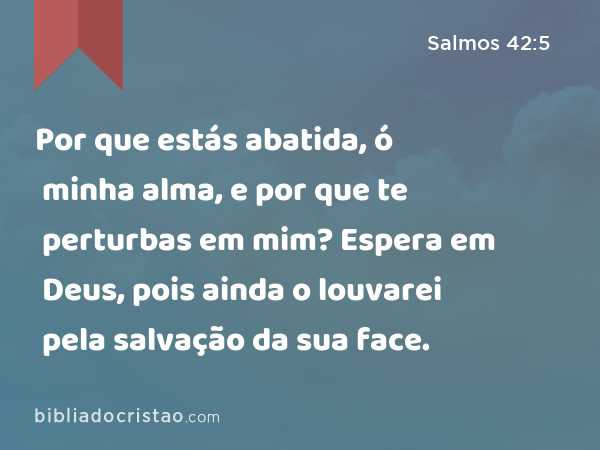 Por que estás abatida, ó minha alma, e por que te perturbas em mim? Espera em Deus, pois ainda o louvarei pela salvação da sua face. - Salmos 42:5