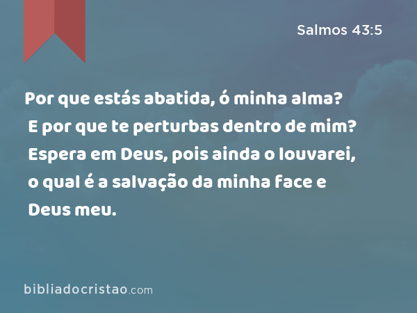 Por que estás abatida, ó minha alma? E por que te perturbas dentro de mim? Espera em Deus, pois ainda o louvarei, o qual é a salvação da minha face e Deus meu. - Salmos 43:5