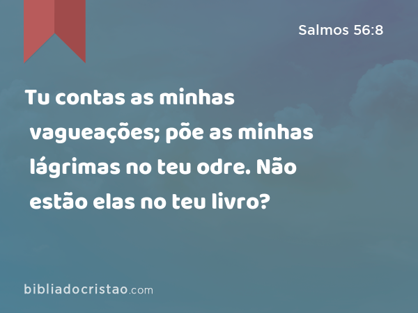 Tu contas as minhas vagueações; põe as minhas lágrimas no teu odre. Não estão elas no teu livro? - Salmos 56:8