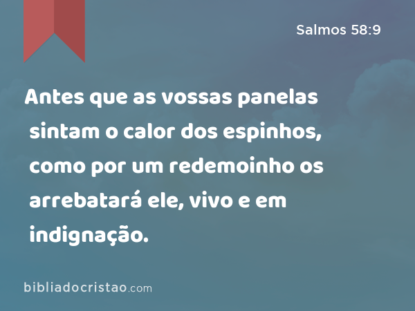 Antes que as vossas panelas sintam o calor dos espinhos, como por um redemoinho os arrebatará ele, vivo e em indignação. - Salmos 58:9