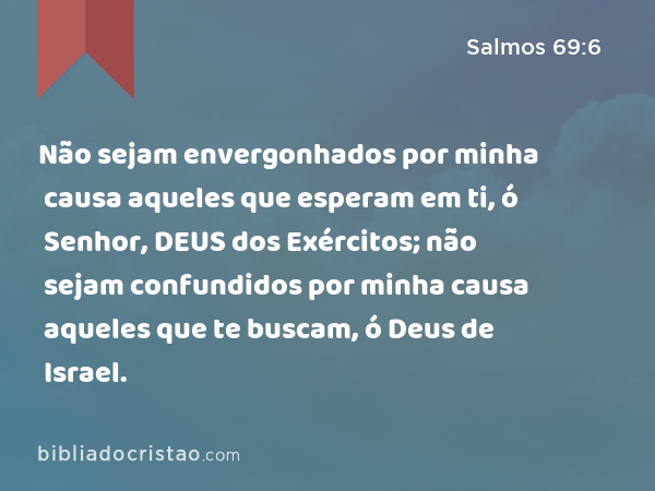 Não sejam envergonhados por minha causa aqueles que esperam em ti, ó Senhor, DEUS dos Exércitos; não sejam confundidos por minha causa aqueles que te buscam, ó Deus de Israel. - Salmos 69:6