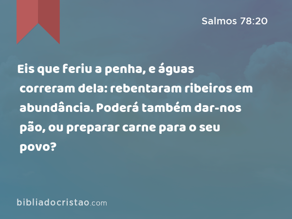 Eis que feriu a penha, e águas correram dela: rebentaram ribeiros em abundância. Poderá também dar-nos pão, ou preparar carne para o seu povo? - Salmos 78:20