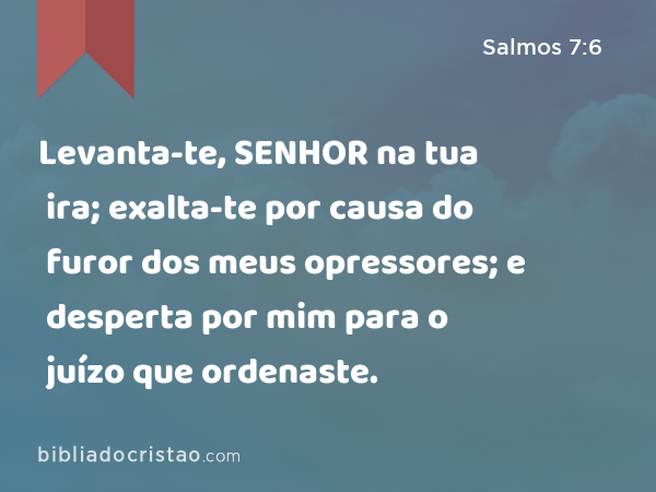 Levanta-te, SENHOR na tua ira; exalta-te por causa do furor dos meus opressores; e desperta por mim para o juízo que ordenaste. - Salmos 7:6