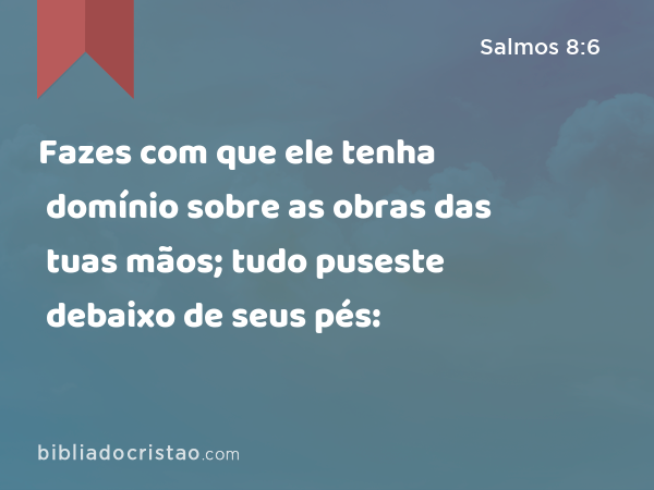 Fazes com que ele tenha domínio sobre as obras das tuas mãos; tudo puseste debaixo de seus pés: - Salmos 8:6