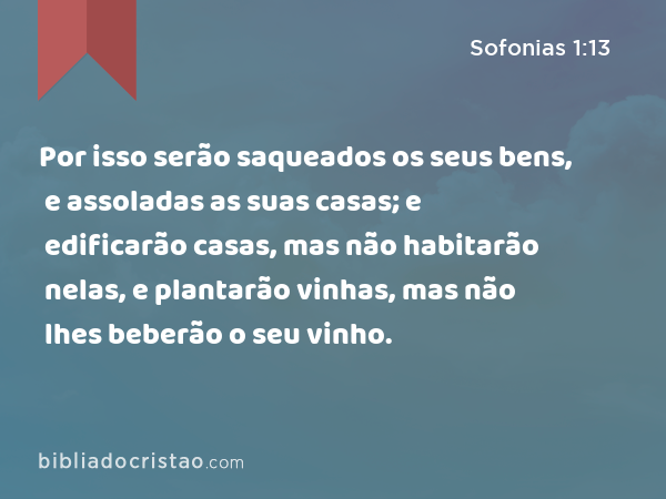 Por isso serão saqueados os seus bens, e assoladas as suas casas; e edificarão casas, mas não habitarão nelas, e plantarão vinhas, mas não lhes beberão o seu vinho. - Sofonias 1:13