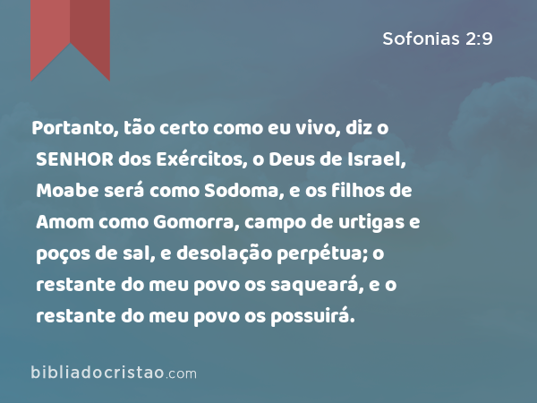 Portanto, tão certo como eu vivo, diz o SENHOR dos Exércitos, o Deus de Israel, Moabe será como Sodoma, e os filhos de Amom como Gomorra, campo de urtigas e poços de sal, e desolação perpétua; o restante do meu povo os saqueará, e o restante do meu povo os possuirá. - Sofonias 2:9