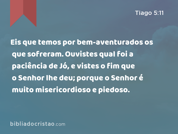 Eis que temos por bem-aventurados os que sofreram. Ouvistes qual foi a paciência de Jó, e vistes o fim que o Senhor lhe deu; porque o Senhor é muito misericordioso e piedoso. - Tiago 5:11