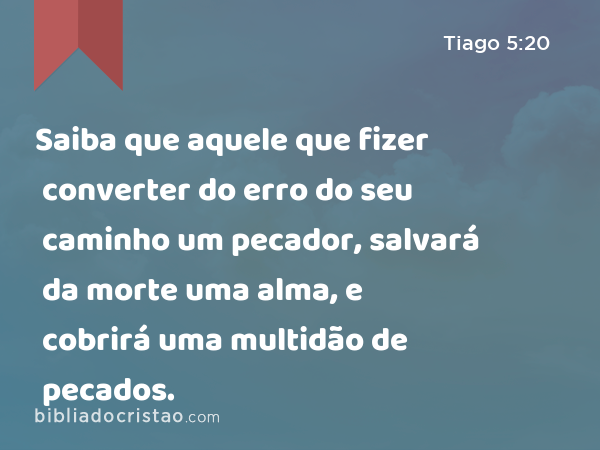 Saiba que aquele que fizer converter do erro do seu caminho um pecador, salvará da morte uma alma, e cobrirá uma multidão de pecados. - Tiago 5:20