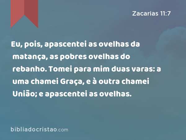 Eu, pois, apascentei as ovelhas da matança, as pobres ovelhas do rebanho. Tomei para mim duas varas: a uma chamei Graça, e à outra chamei União; e apascentei as ovelhas. - Zacarias 11:7