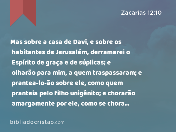 Mas sobre a casa de Davi, e sobre os habitantes de Jerusalém, derramarei o Espírito de graça e de súplicas; e olharão para mim, a quem traspassaram; e prantea-lo-ão sobre ele, como quem pranteia pelo filho unigênito; e chorarão amargamente por ele, como se chora amargamente pelo primogênito. - Zacarias 12:10