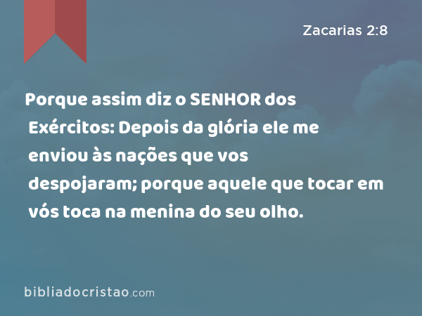 Porque assim diz o SENHOR dos Exércitos: Depois da glória ele me enviou às nações que vos despojaram; porque aquele que tocar em vós toca na menina do seu olho. - Zacarias 2:8