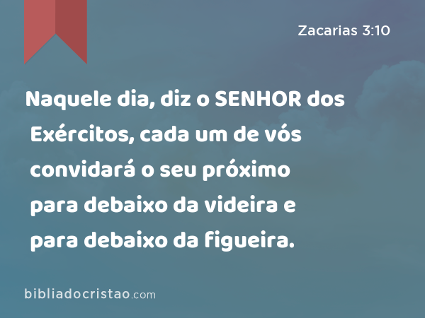 Naquele dia, diz o SENHOR dos Exércitos, cada um de vós convidará o seu próximo para debaixo da videira e para debaixo da figueira. - Zacarias 3:10