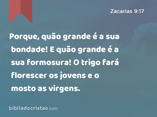 Porque, quão grande é a sua bondade! E quão grande é a sua formosura! O trigo fará florescer os jovens e o mosto as virgens. - Zacarias 9:17